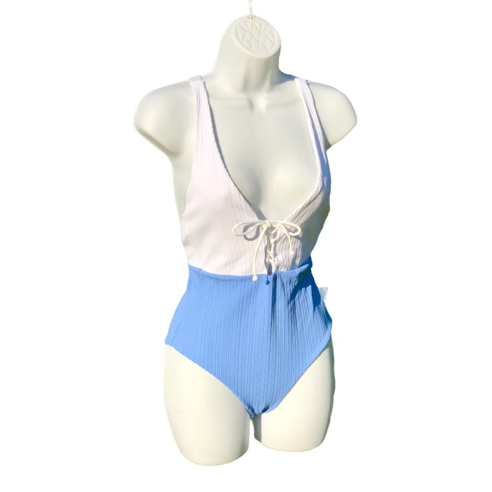 NEW ONIA Anthro Swimsuit Lace up Deep Plunge Color block Blue Small